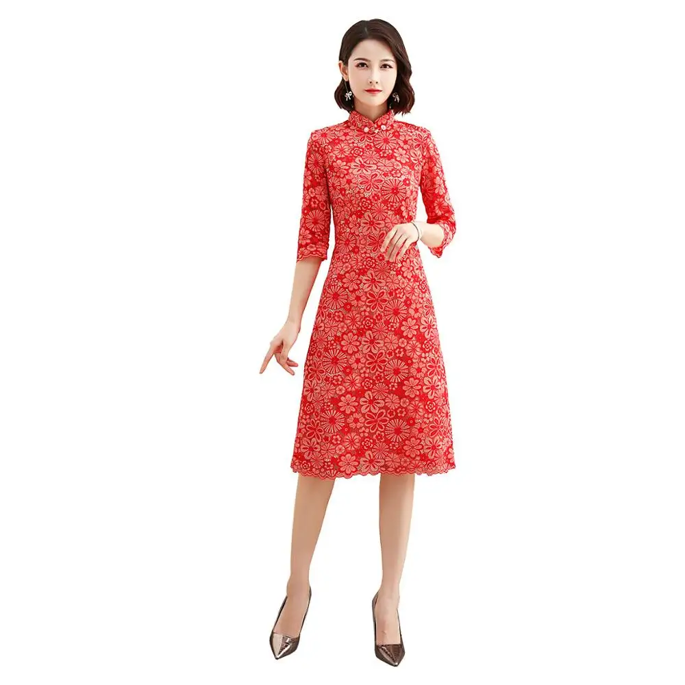 Шанхай история Половина рукава до колена cheongsam платье кружева Ципао китайское платье китайский стиль платье для женщин 2 цвета