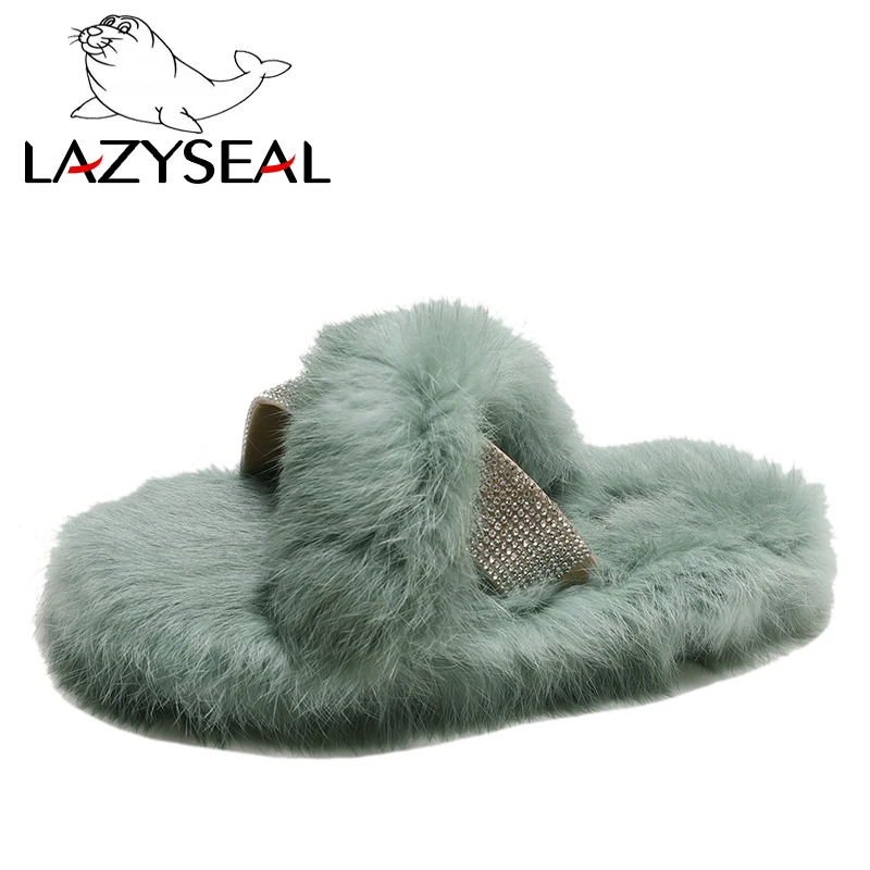 Домашние тапочки LazySeal из натурального меха с кристаллами женская обувь теплые