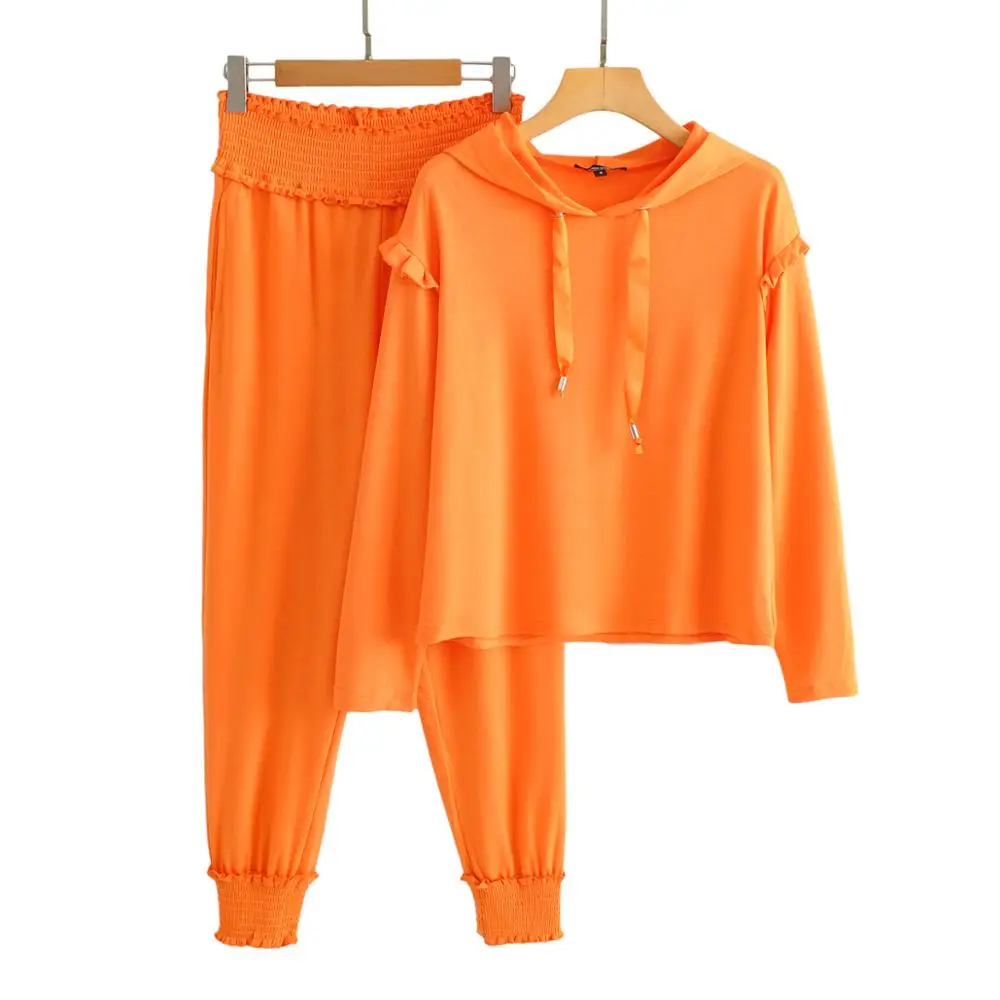 

CINESSD 2020 Spring Autumn New Fashion Simplicity Solid Color Hooded Loose Sweatshirt Long Pants Women Two-piece Outfi