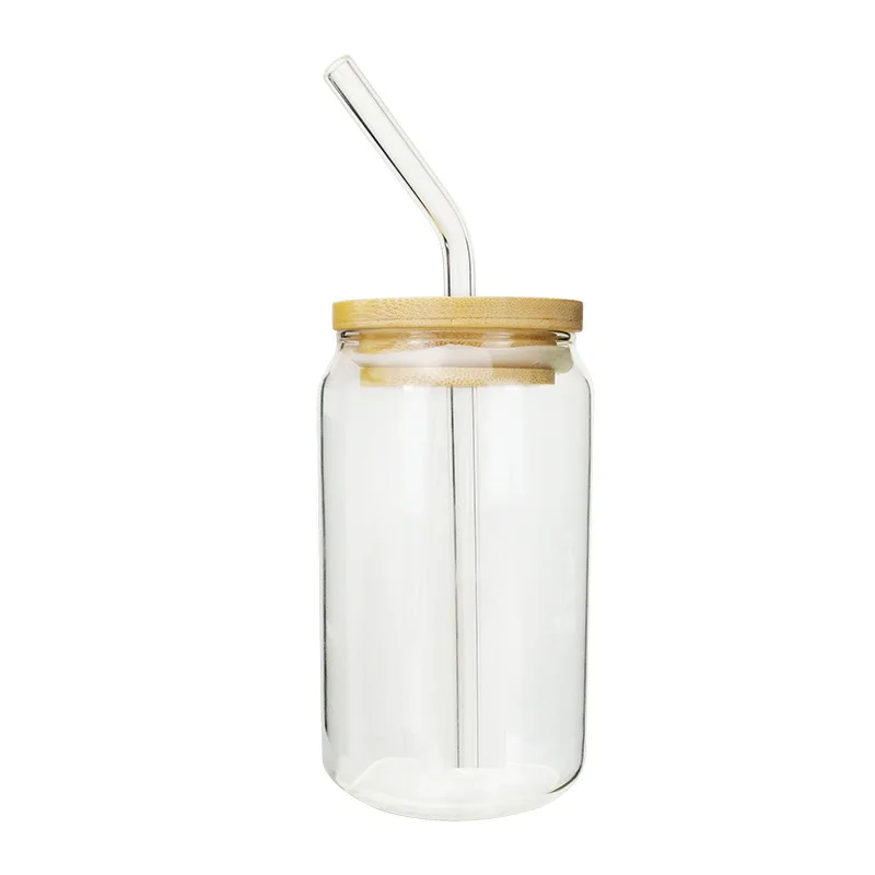 Beer Glass Bamboo Lid Straw, Glass Cup Bamboo Lid Straw