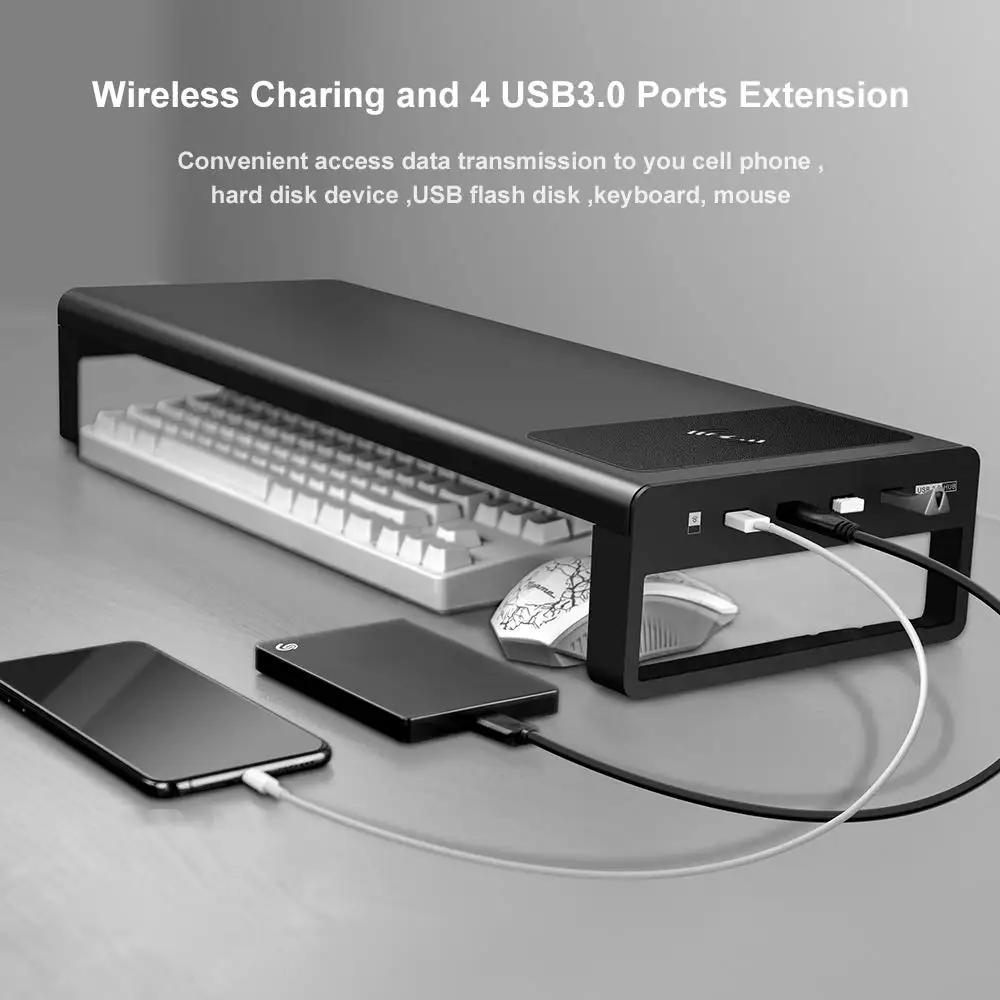 USB 3.0 HUB Extension Aluminum Monitor Stand Metal Riser Support Transfer Data and ChargingKeyboard and Mouse Storage Organizer