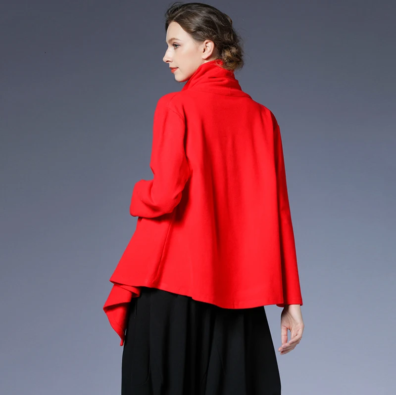 [EAM] Женская Красная Асимметричная футболка с разрезом и карманом, новая водолазка с длинным рукавом, модная одежда, весна-осень, 1N166