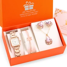 

Luxury Crystal Women Bracelet Watches Quartz Wrist Watch for Women Earrings Necklace Jewelry Gift Set Elegant Ladies Watch