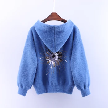 

Thick Mink Cashmere Female Overcoat New Autumn Winter Loose Hooded Outwear Embroidery Single Breasted Women Knitted Cardigans