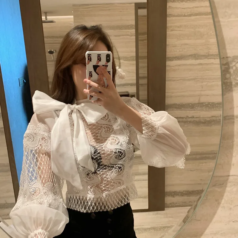 WHITNEY WANG, блузки,, Весенняя мода, открытая, кружевная, с бантом, блузка для женщин, Blusas, для офиса, леди, рубашка, Топ