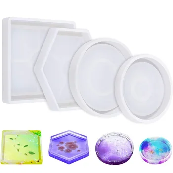 

4PCS Diy Coaster Silicone Mold Included Square Hexagon Circle Octagon Mold For Resin, Concrete Jewelry Making Mould Tool