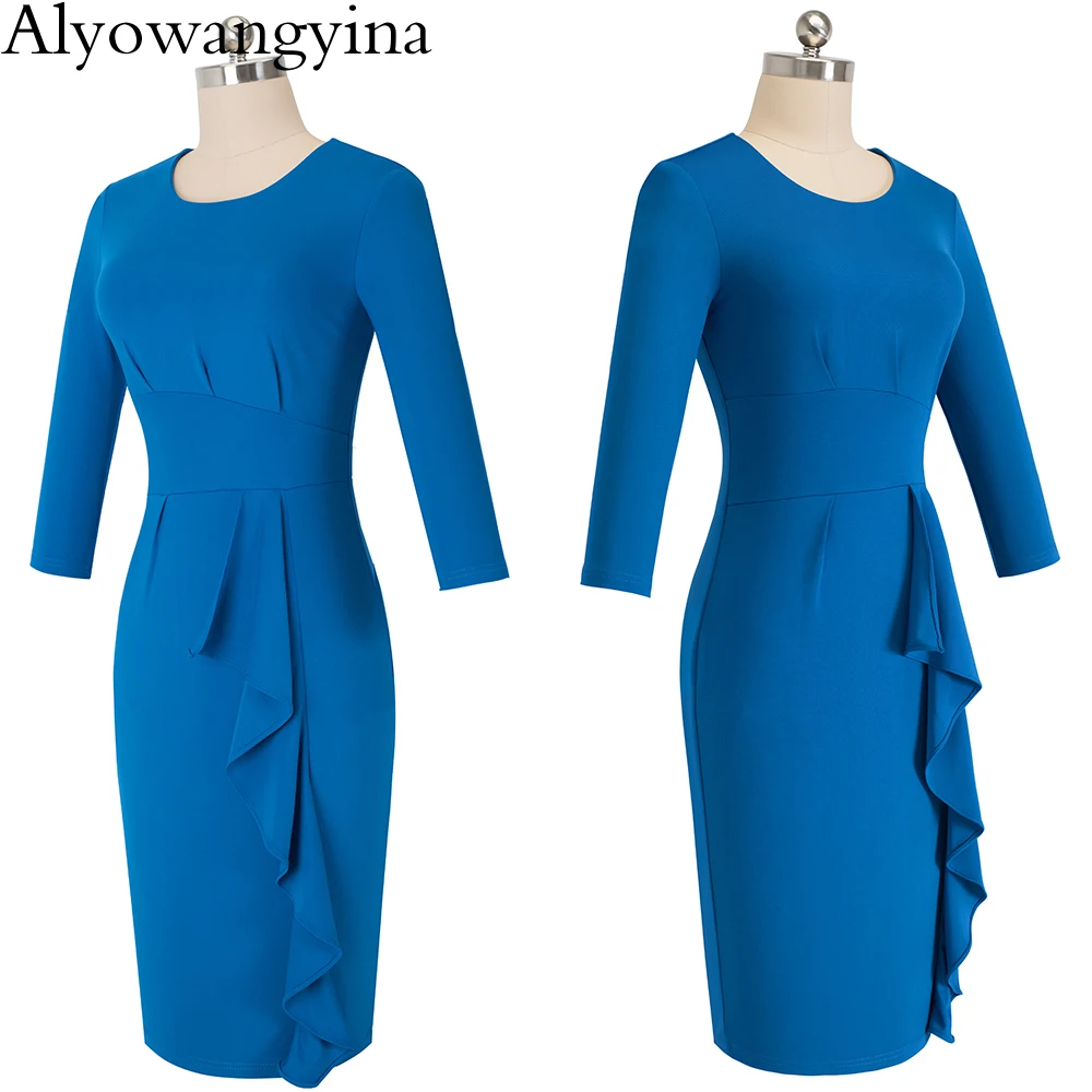 Alyowangyina, хлопок, платье с длинным рукавом, женские модные платья для работы, вечерние, бодикон, офисное, деловое, женское платье, RB477