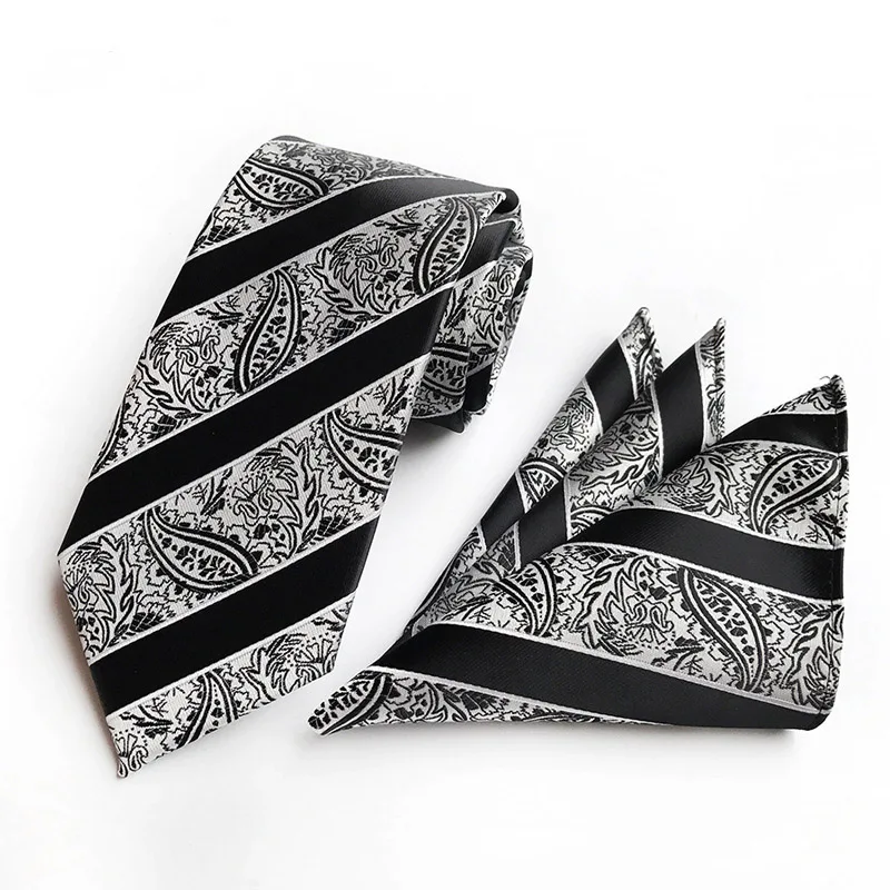 

100% Silk Jacquard Tie Mens Necktie Hanky Set Men Tie Black Stripe PAISLEY Tie Handkerchief Set Holiday Gifts Corbatas Cravat