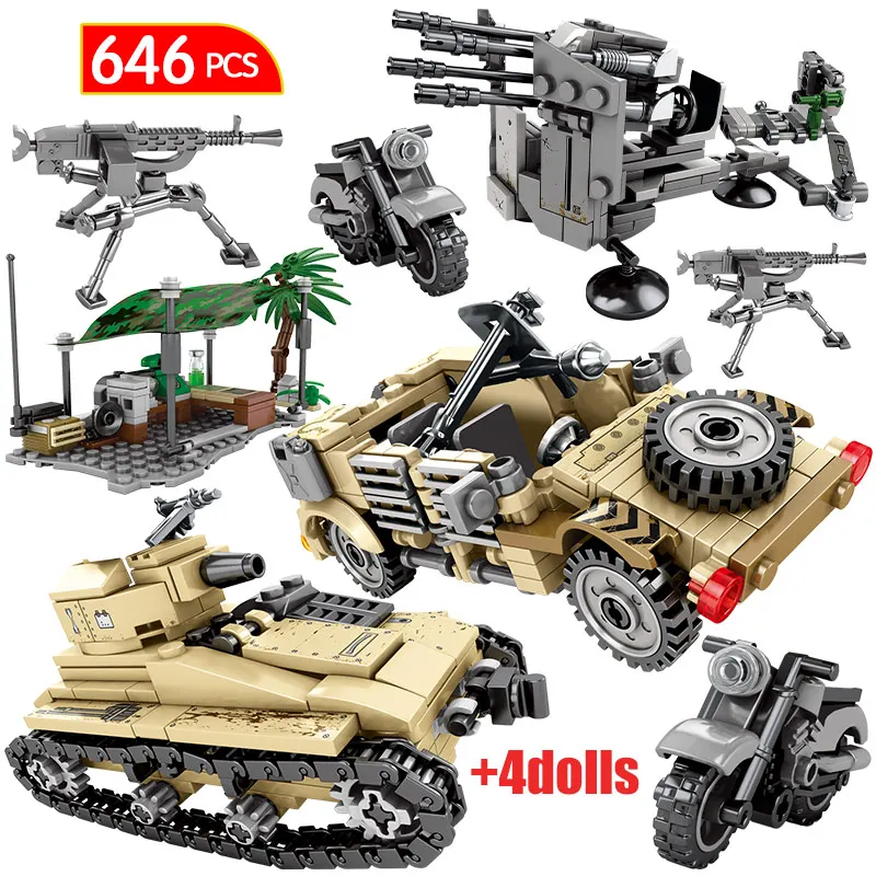 

City Military Diy Army Truck Building Blocks for Legoingly WW2 Tank Chariot Car Model Soldiers Weapon Bricks Toys for Children