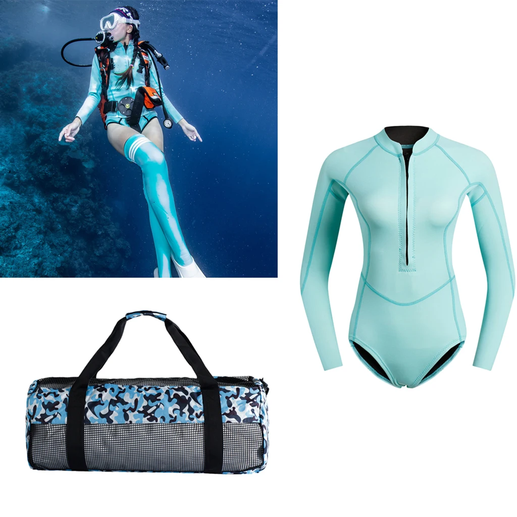

Women Neoprene Wetsuit Front Zip Diving Bikini Suit & Dive Mesh Duffle Bag