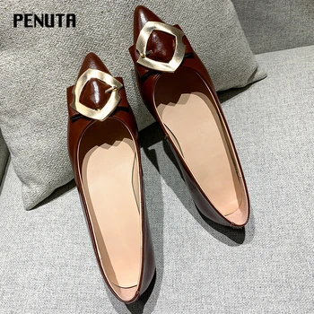 

2020 PENUTA Flat Woman Shoes Metal Decoration Genuine Leather Women's Shoes High Quality Luxury Autumn Mules Wine Beige F0026
