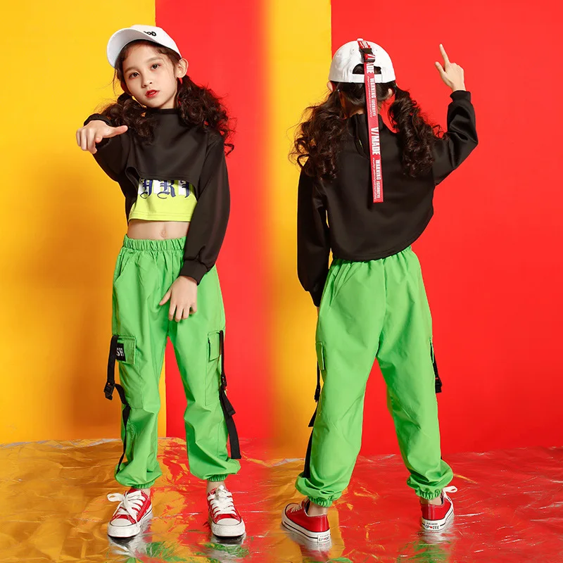 

New Girls Jazz Dance Dress Kids Hip Hop Neon Green Performance Costume Children Modern/Street Dance Practice Clothing DQL1983