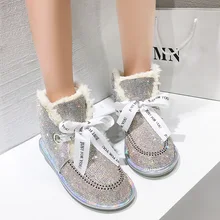 Rimocy/шикарные теплые зимние ботинки из плюша с украшением в виде кристаллов; Модные женские ботильоны на плоской подошве с бантом; удобная женская обувь с хлопковой подкладкой
