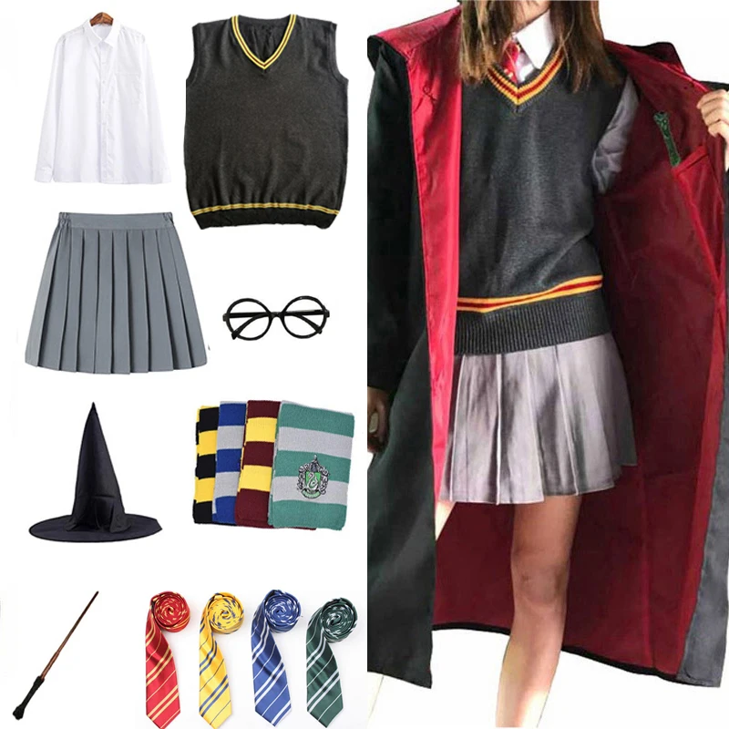 

Potter Costume Clothes Cosplay Robe Harris Cloak With Tie Scarf Wand Glasses Ravenclaw Gryffindor Hufflepuff Slytherin Cosplay