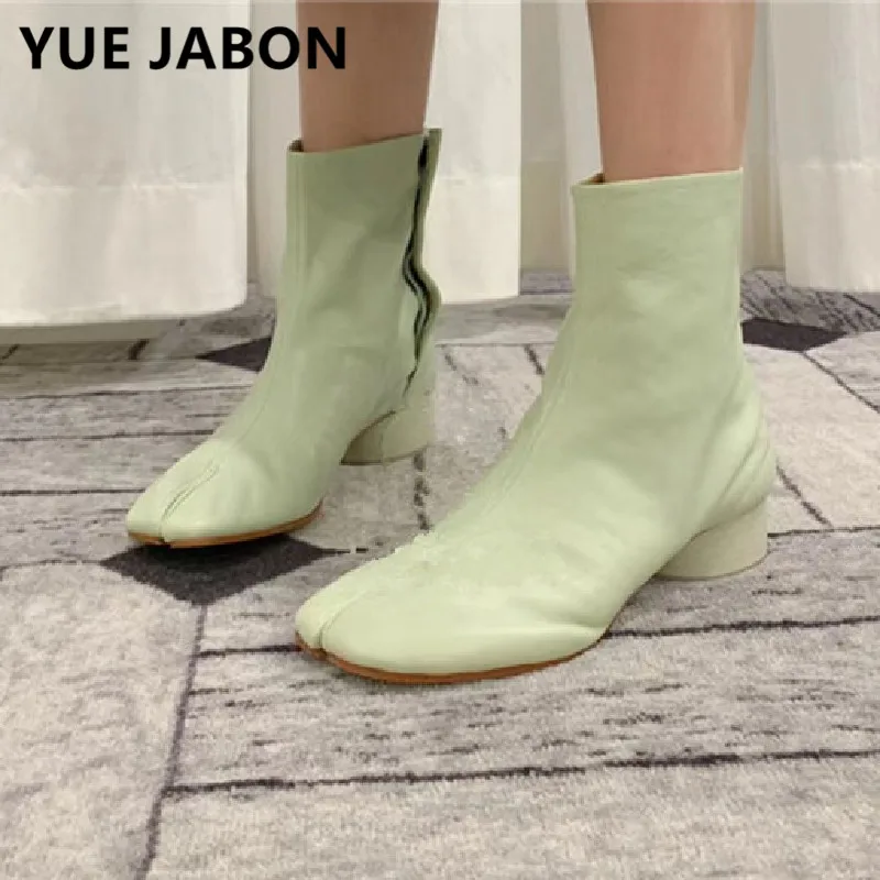 Herfst Mode Lage Hak Aparte Tenen Laarzen Blauw Groen Enkellaarsjes Vrouw  Korte Laarzen Lederen Winter Schoenen 3/8Cm Hakken|Enkellaars| - AliExpress