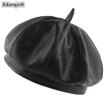 

XdanqinX Autumn Elegant Women's Berets Fashion PU Leather Solid Color Sports Caps Vintage Trend Female Hats Novelty Students Cap