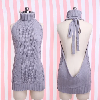 

Virgin Killer Sweater Ladies Sexy Off Shoulder Girl Knitted Hollow Out Back Open Back Sweater Japanese High Collar Lace Cos Slim