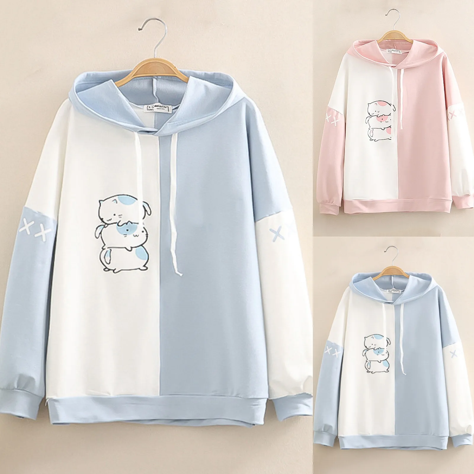 Cute Cartoon Fashion Women Casual Print Long Sleeve Splice Dinosaur Sweatshirt Tops Ropa Mujer Letter Print Female Hoodies 1