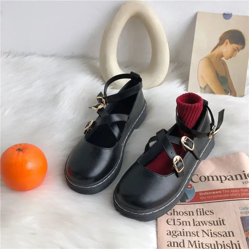 Women's y2k Gothic Punk Chain Shoes Chunky Platform Wedges Square Toe Motorcycle Shoes Fashion Designer Black Leather Flats 2022