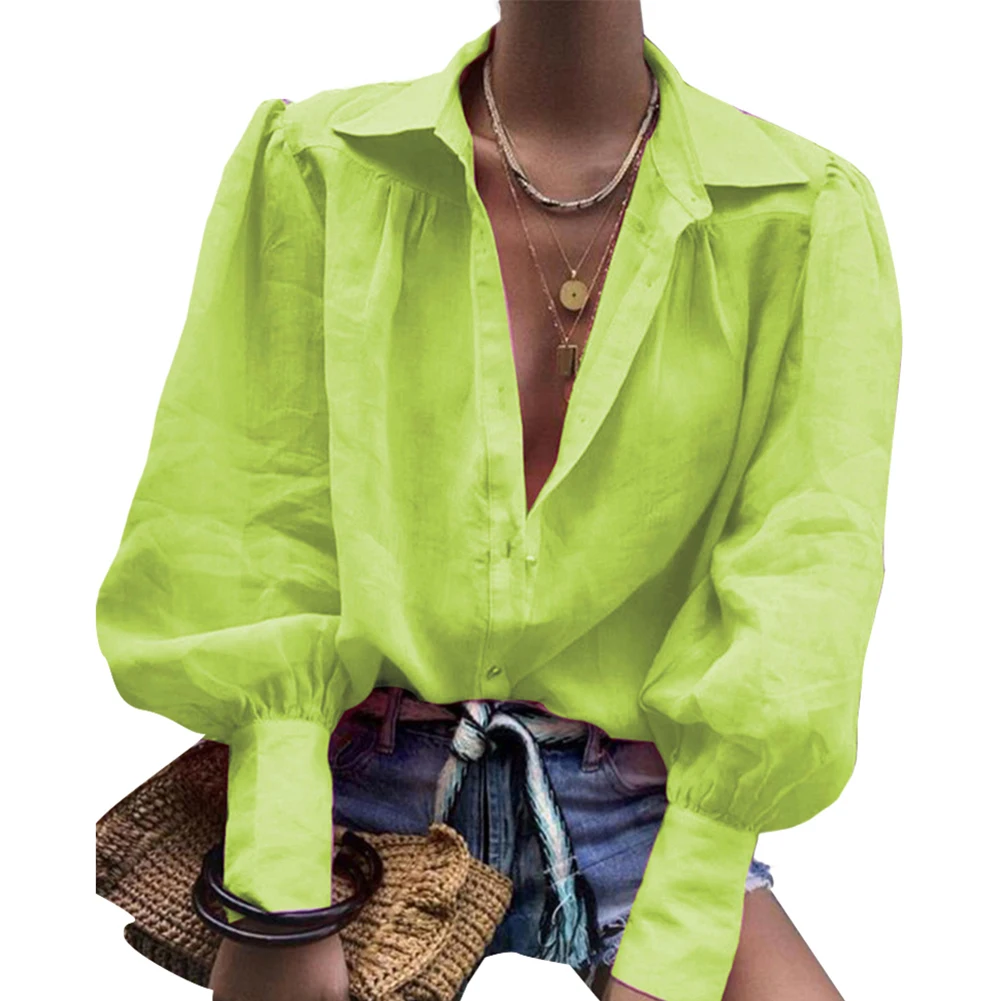 Fashion Office Lady Solid Color Turn Down Collar V Neck Long Sleeve Shirt Blouse