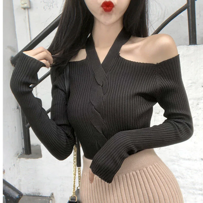 Female knitted Women's Casual Off Shoulder V-neck Blouse Ladies Summer Sexuality long Sleeve halter Crop Tops Short Shirt