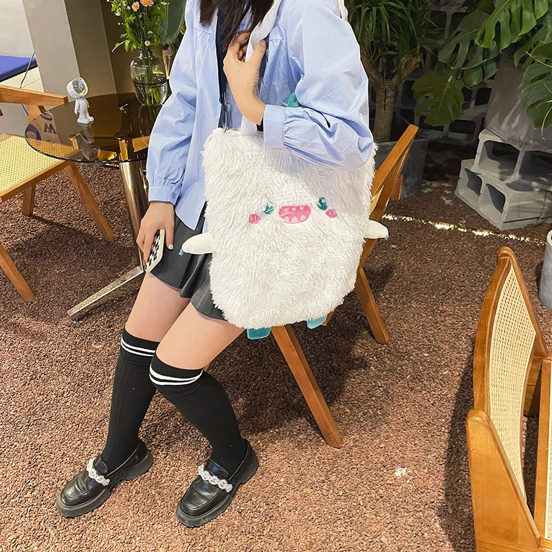 Women new Japanese cute funny plush handbag personality embroidery little monster plush girl student shoulder bag female bag