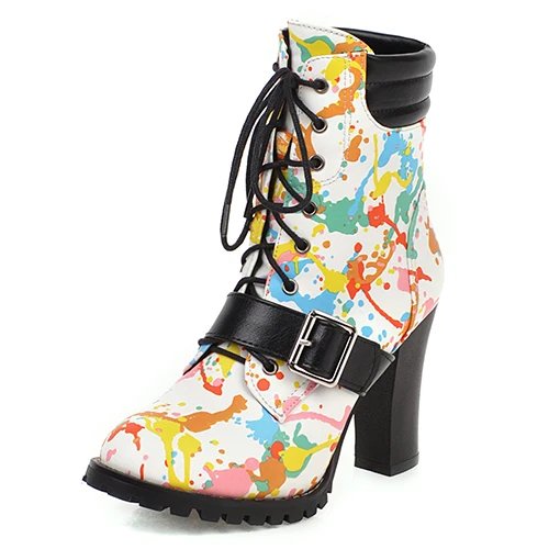 BYQDY/сапоги с рисунком граффити в стиле ретро из искусственной кожи на высоком каблуке; Танцевальная обувь для выпускного бала; женские теплые короткие ботильоны «Челси» с пряжкой; большие размеры 48 - Цвет: White