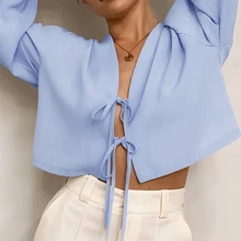 

2022 Summer Casual Loose Lace Up Female Lapel Shirt Cotton Linen Elegant Party Women Shirts Stylish Solid Shirts Women's Blue