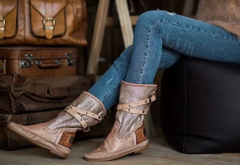 

2020 Spring Autumn Women Mid-calf Boots Flats Slip on Pu Leather Botas Mujer Invierno Australian Boots Zapatos De Mujer W13