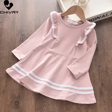 

Girls Fashion Dress Spring Autumn 2022 Baby Girl Ruffles Long Sleeve O-neck Striped Student Dresses Kids Clothing