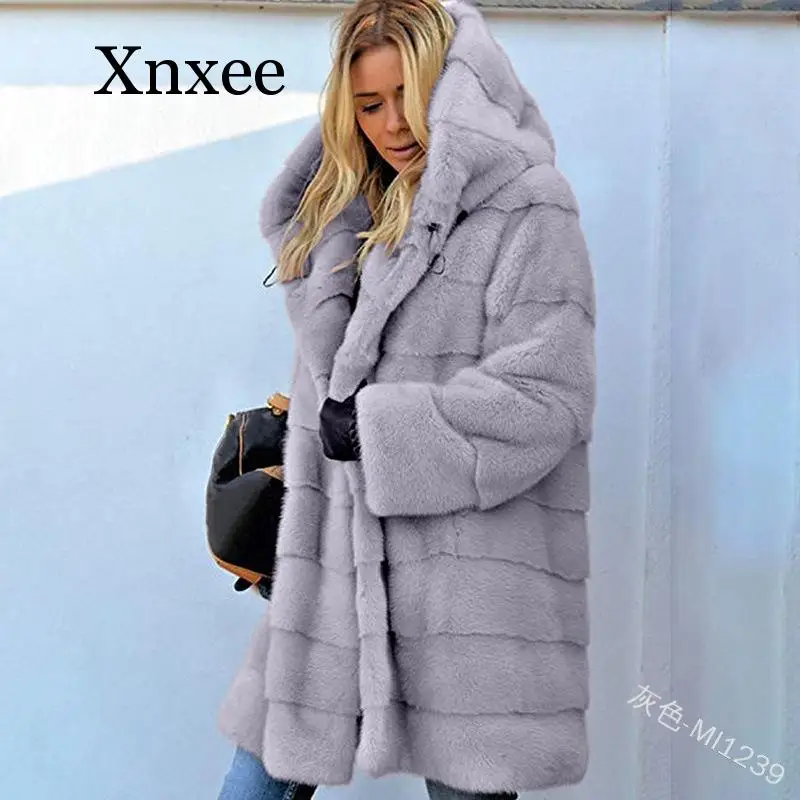 Зимнее модное пальто из искусственного меха, Женская свободная теплая меховая куртка с капюшоном, длинные пальто, женское пушистое Мягкое повседневное меховое пальто, толстое пальто