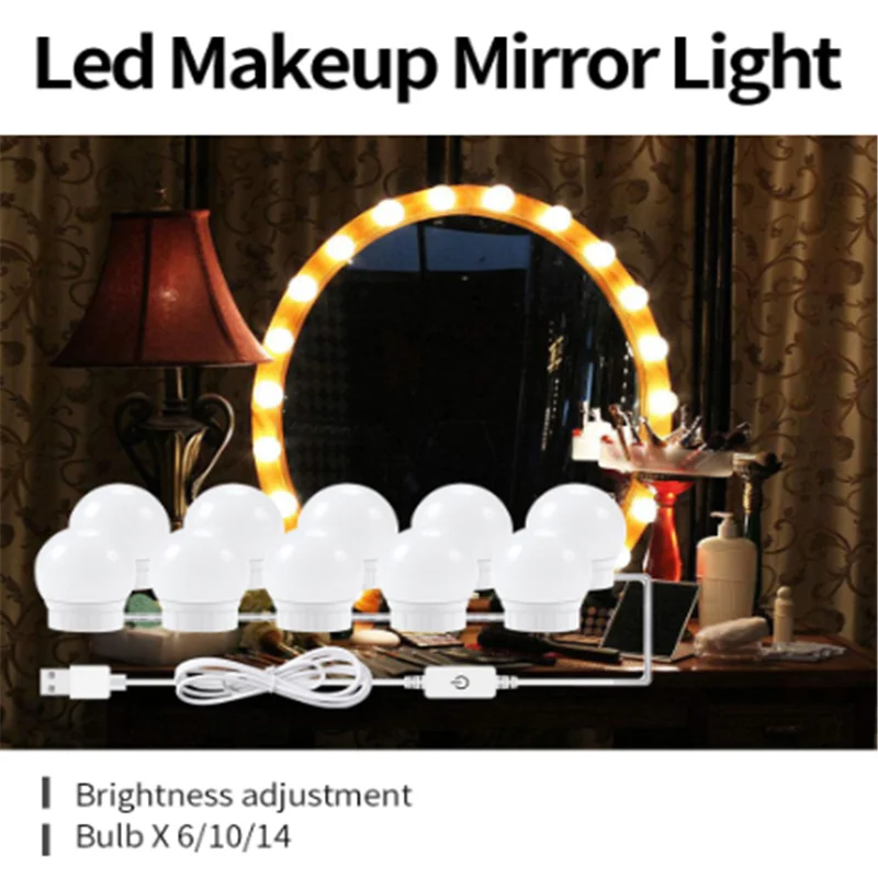 LED Makeup Mirror Light Bulb Hollywood Vanity Lights Stepless Dimmable Wall Lamp 6 10 14Bulbs Kit for Dressing Table |