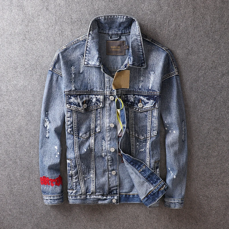 

European American Fashion Men Jackets Destroyed Ripped Denim Jackets Men Punk Coat Emboridery Streetwear Hip Hop Bomber Jacket