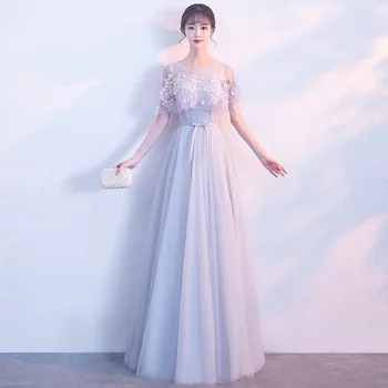 

Silver Gray Womens O-Neck Long Party Dress Sexy Evening Banquet Elegant Prom Lace Mesh Short Dress Gown Vestido XS-3XL