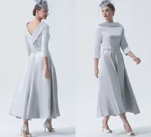 

Elegant Vintage Silver A-line Evening Dress Bateau Neck Tea Length Satin 3/4 Sleeve Prom Party Gown Vestidos Robe De Soiree