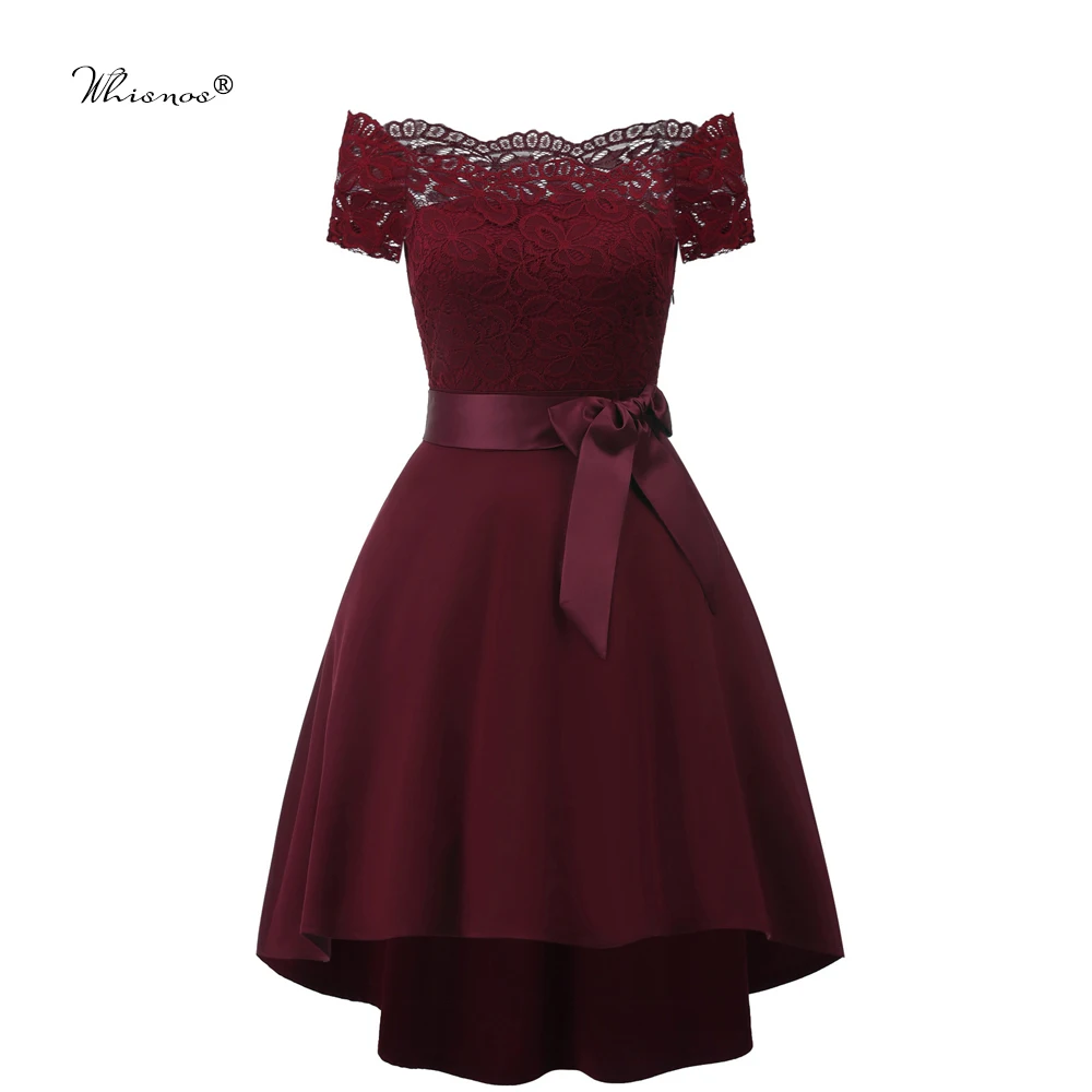 

7 Colors 2020 Short Lace Prom Dress Burgundy Black Zipper Side A Line With Bow Robe De Soiree Party Dress For Plus Size Woman