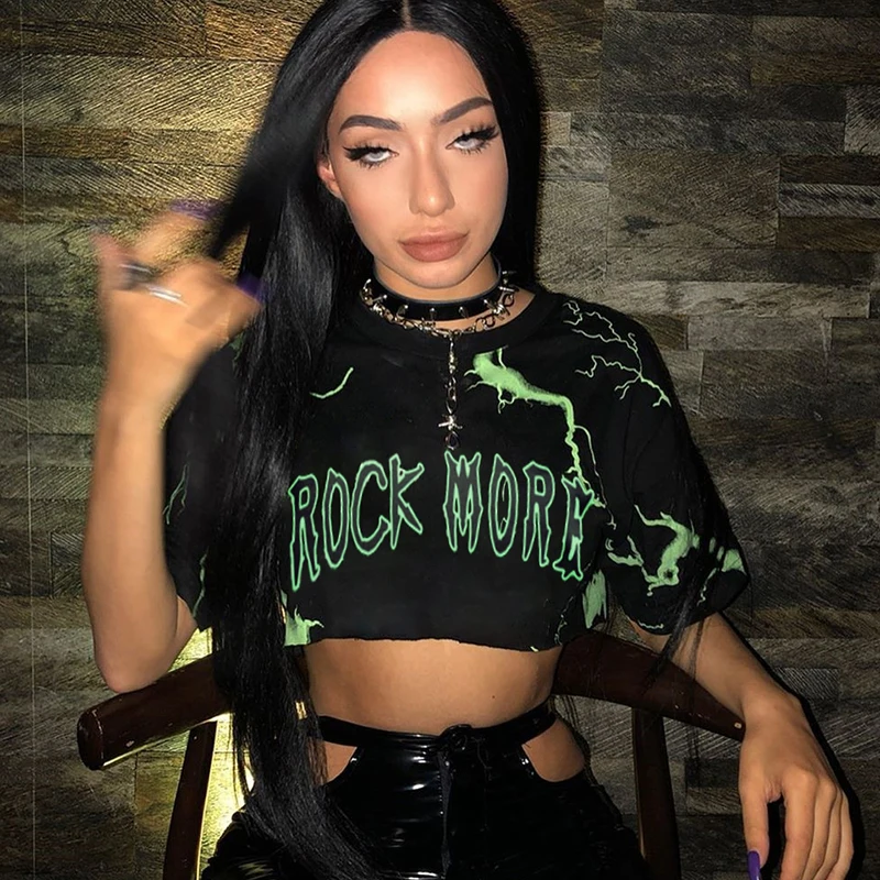 Sweetown 2020 Summer Casual Lightning Print Short Sleeve Crop Top T-Shirts Women Streetwear Loose Hip Hop Ladies Tops Female