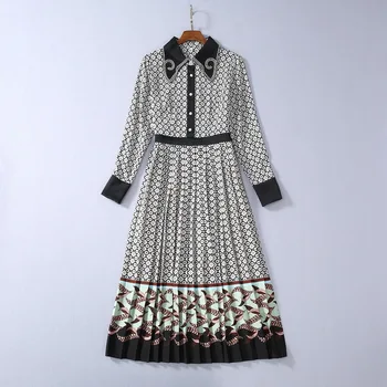 

Spring 2020 for European and American women's wear Floral print Long sleeve embroidered beaded lapel Fashion pleated dress