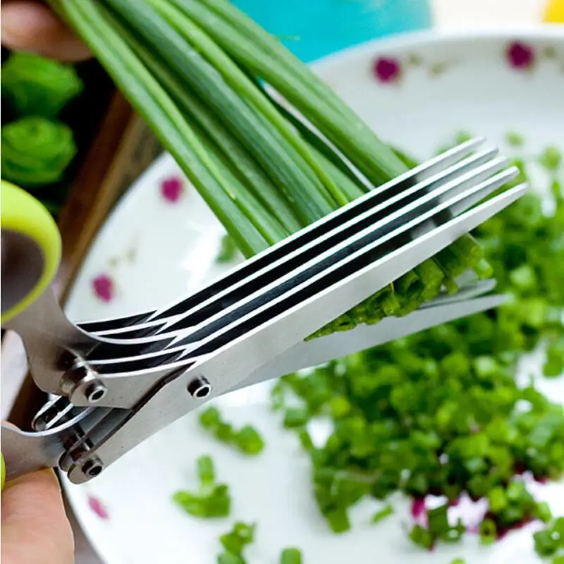 Stainless Steel Kitchen Knives 5 Layers Scissors Shredded Scallion Cut Herb Spices Scissors Cooking Tools LX8567