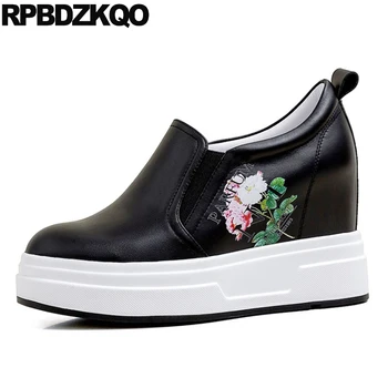 

round toe platform shoes pumps size 4 34 ladies 2019 high heels flower casual black hidden genuine leather slip on fashion white