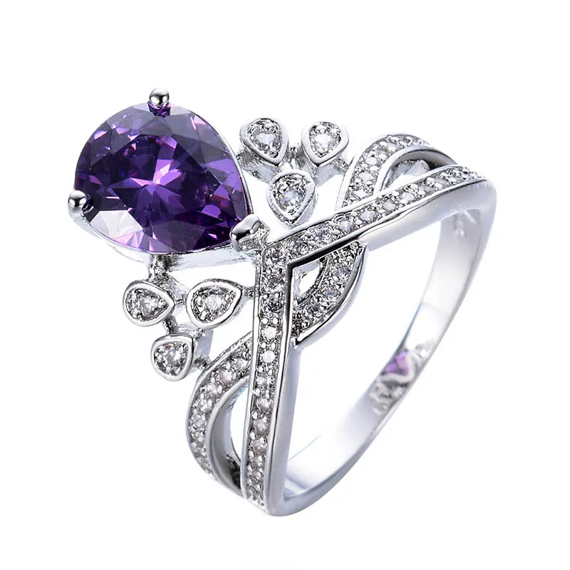 purple Модное обручальное кольцо Cellacity для женщин, серебро 925, ювелирное изделие в форме капли воды, драгоценные камни, аметист, сапфир, изящная корона принцессы - Цвет камня: purple