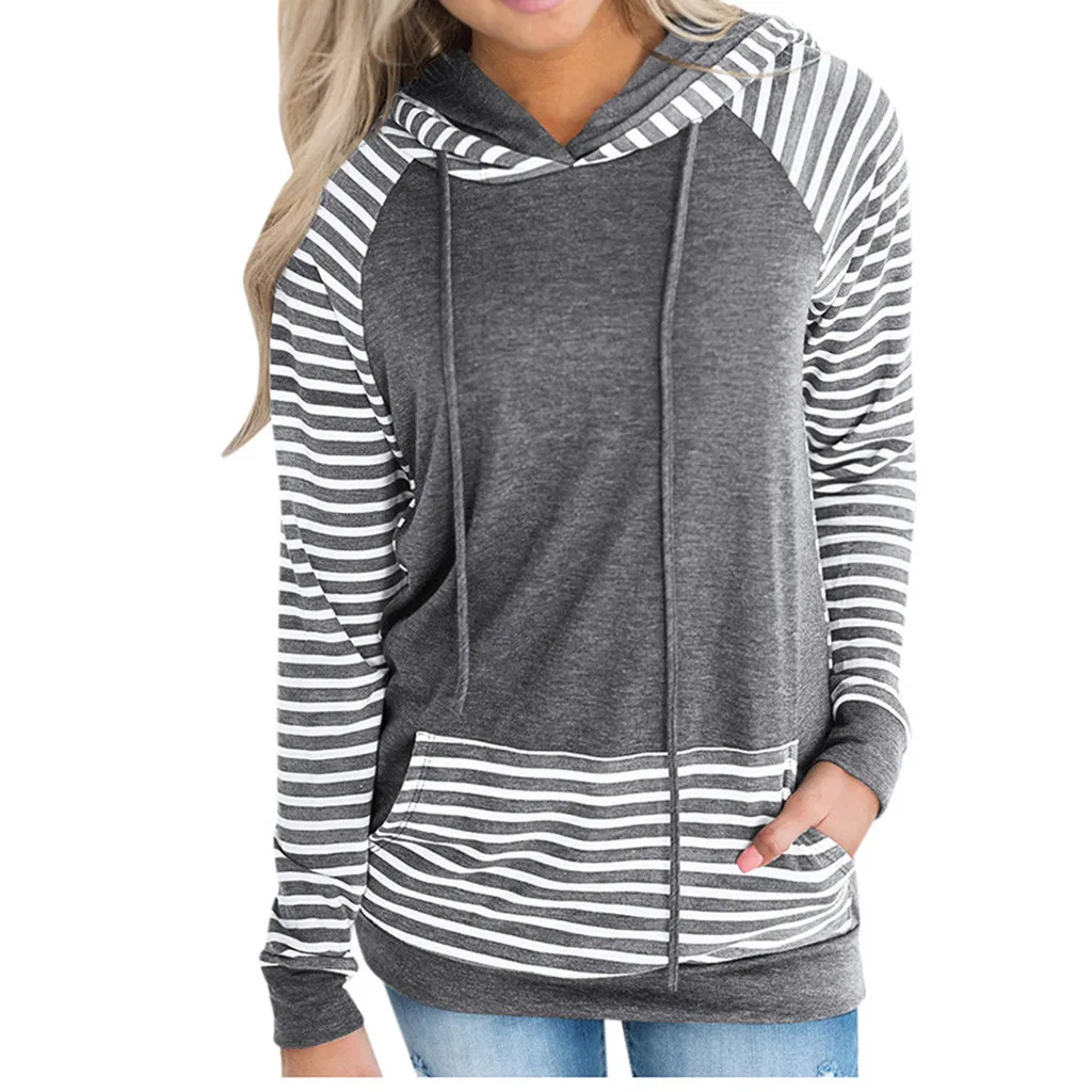 

Women's Sports Jackets Hooded Slim Designed Windproof Rainproof Casual Solid Full Sleeve Stripe Hooded Pocket Loose Blouse