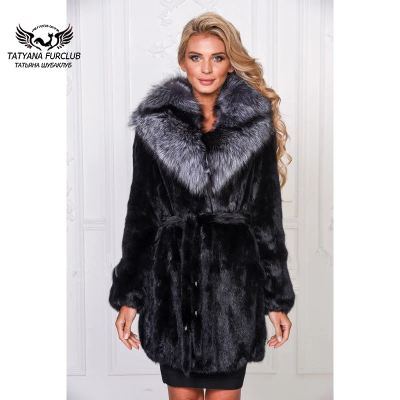Tatyana Furclub роскошная норковая шуба цельная кожа с меховым воротником из серебристой лисы женские шубы Зимние натуральные меховые куртки черные парки