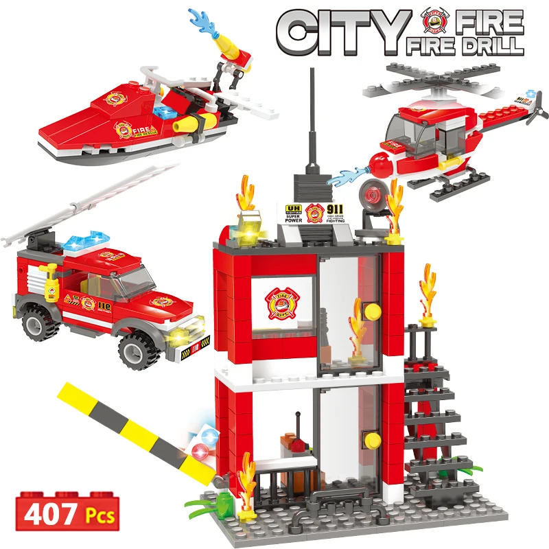 

Building Blocks for legoingly City Police Station Police car fire station boat helicopter DIY Bricks toys for children boys