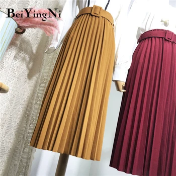 Beiyingni High Waist Women Skirt Casual Vintage Solid Belted Pleated Midi Skirts Lady 11 Colors Fashion Simple Saia Mujer Faldas 1