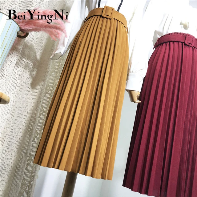 US $12.32 Beiyingni High Waist Women Skirt Casual Vintage Solid Belted Pleated Midi Skirts Lady 11 Colors Fas