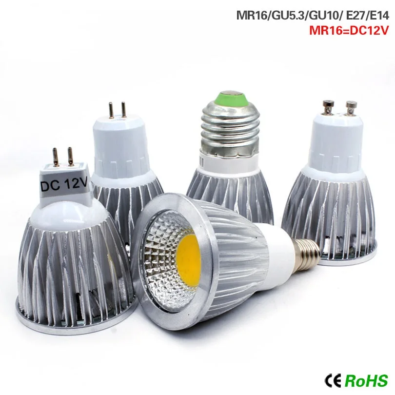 Светодиодный светильник E27 E14 220V MR16 DC 12V лампа COB и высокая мощность 9W 12W 15W яркость