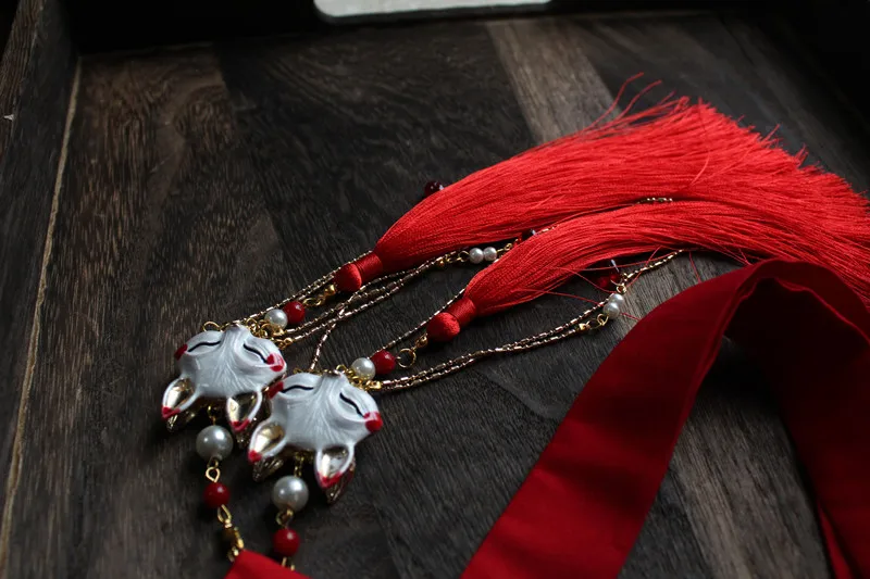 Feng Jiu двухсторонняя красная лиса Hanfu повязка для волос с кисточками древний стиль тиара аксессуары для волос Hanfu украшения