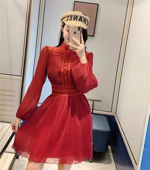 

New Korean 2020 Spring Autumn Women's Red Turtleneck Lantern Sleeve single-breasted High Waist Elegant A-line office Mini Dress
