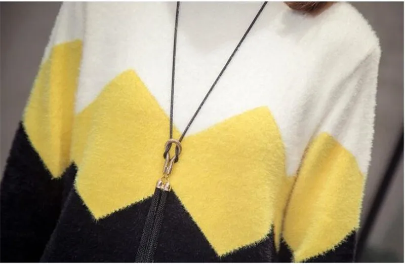 Color Matching Water Velvet Sweater Women Knitted Pullover New Autumn Winter Clothes Fashion Mid-Long Sweater Jumper Female Tops